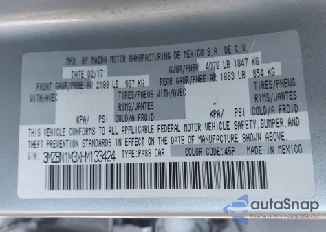 2017 Mazda Mazda3 Grand Touring z USA, uszkodzony, nr VIN 3MZBN1M3XHM133424